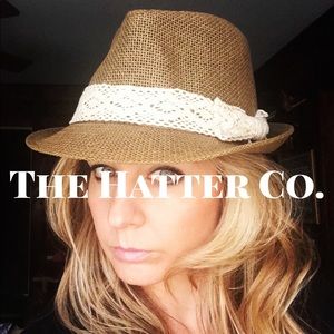 The Hatter Co. Straw Fedora Tan Crochet Band & Bow